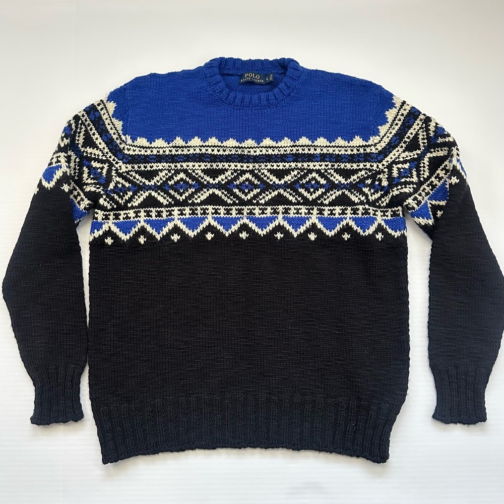 Polo Ralph Lauren Fair Isle Merino Wool Crewneck Black Blue Sweater Men’s Large